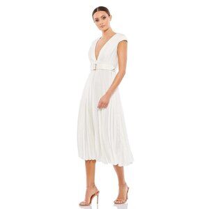 Ieena for Mac Duggal Pleated Cap Sleeve Belted A-Line Midi Dress in White Formal